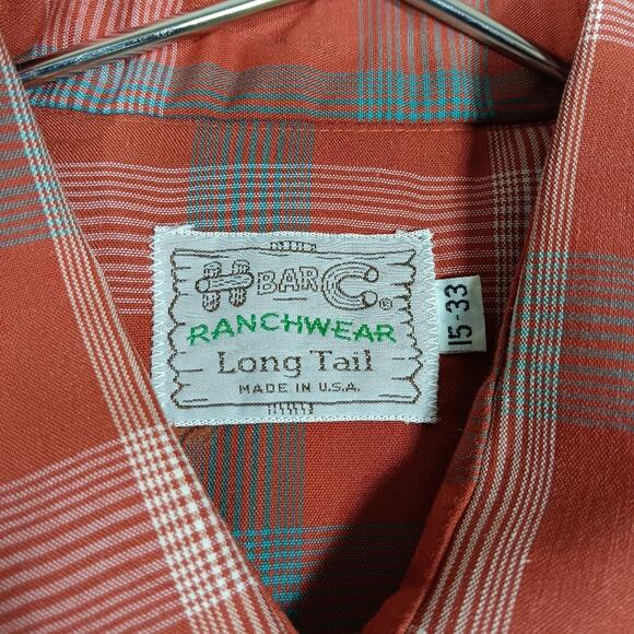 H Bar C Ranchwear Shirt Size 15-33 Long Tail Rusty Orange Plaid Snap Buttons - Picture 6 of 6